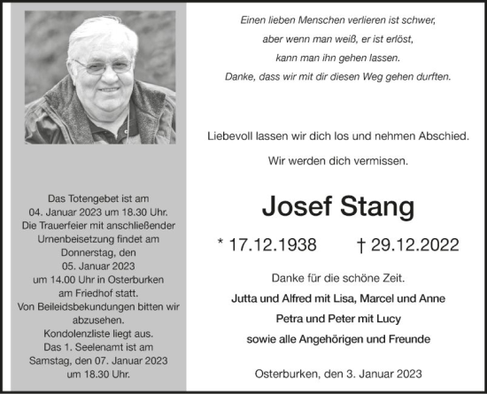 Traueranzeige von Josef Stang von Fränkische Nachrichten