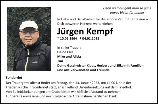 Traueranzeige von Jürgen Kempf von Fränkische Nachrichten