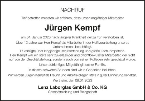 Traueranzeige von Jürgen Kempf von Fränkische Nachrichten