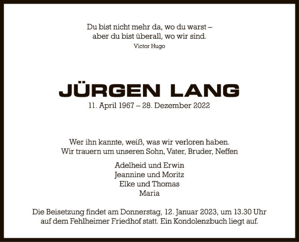 Traueranzeige für Jürgen Lang vom 07.01.2023 aus Bergsträßer Anzeiger