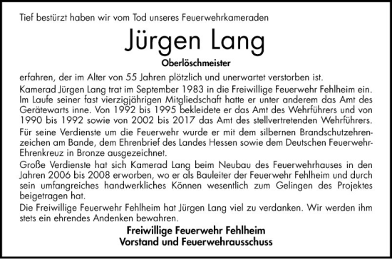 Traueranzeige von Jürgen Lang von Bergsträßer Anzeiger