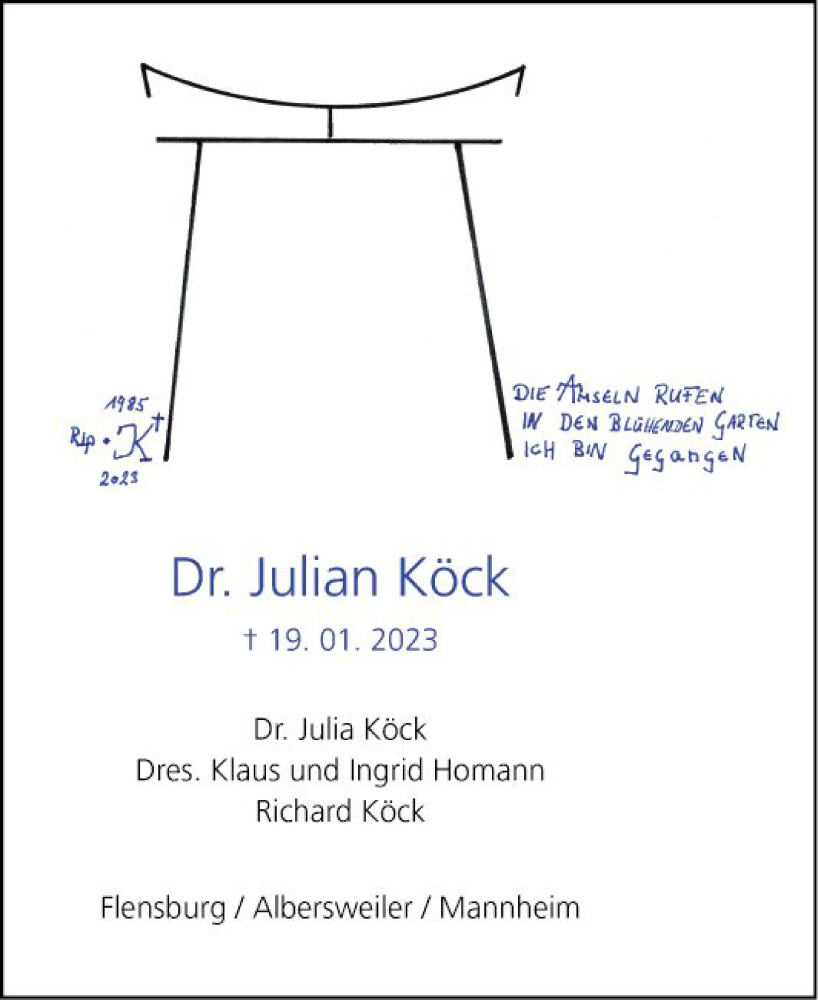  Traueranzeige für Julian Köck vom 28.01.2023 aus Mannheimer Morgen