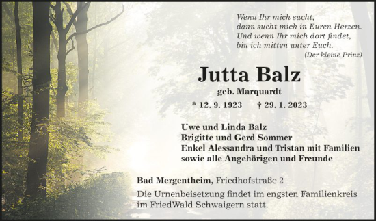 Traueranzeige von Jutta Balz von Fränkische Nachrichten