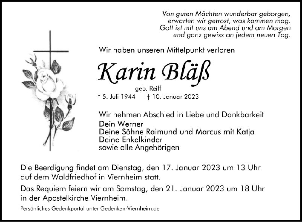  Traueranzeige für Karin Bläß vom 14.01.2023 aus Mannheimer Morgen