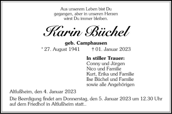 Traueranzeige von Karin Büchel von Schwetzinger Zeitung