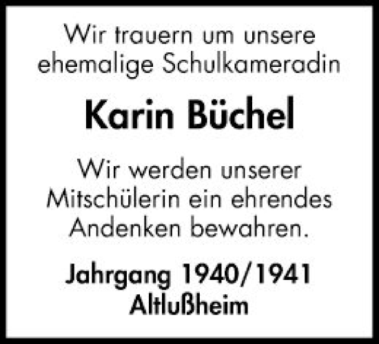 Traueranzeige von Karin Büchel von Schwetzinger Zeitung