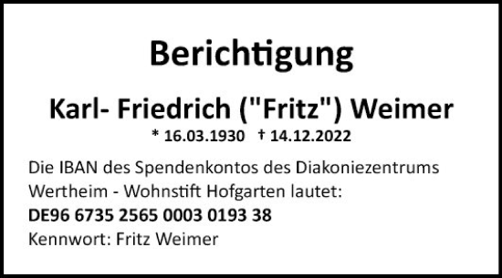 Traueranzeige von Karl-Friedrich Weimer von Fränkische Nachrichten