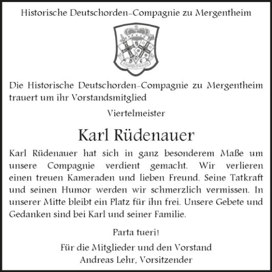 Traueranzeige von Karl Rüdenauer von Fränkische Nachrichten