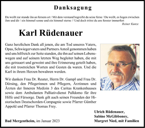 Traueranzeige von Karl Rüdenauer von Fränkische Nachrichten