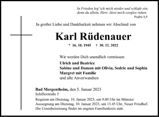 Traueranzeige von Karl Rüdenauer von Fränkische Nachrichten