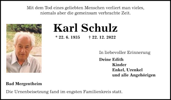 Traueranzeige von Karl Schulz von Fränkische Nachrichten