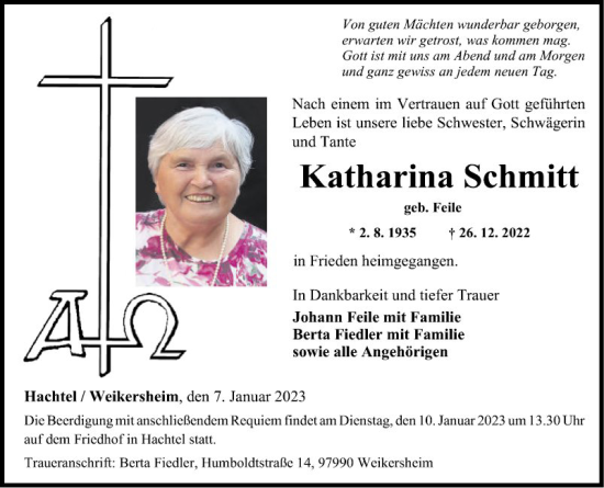 Traueranzeige von Katharina Schmitt von Fränkische Nachrichten