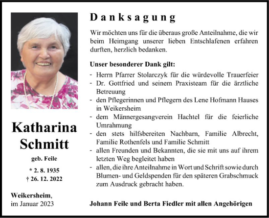 Traueranzeige von Katharina Schmitt von Fränkische Nachrichten