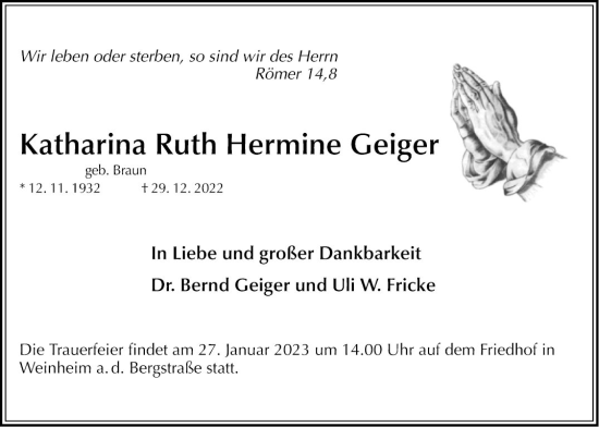 Traueranzeige von Katharina Ruth Hermine Geiger von Bergsträßer Anzeiger