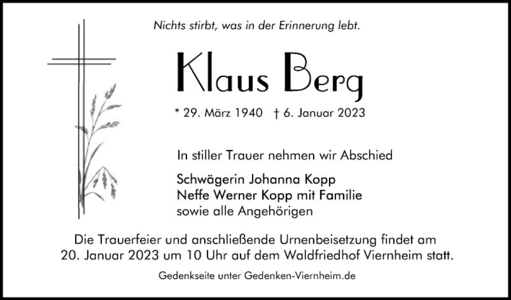  Traueranzeige für Klaus Berg vom 14.01.2023 aus Mannheimer Morgen