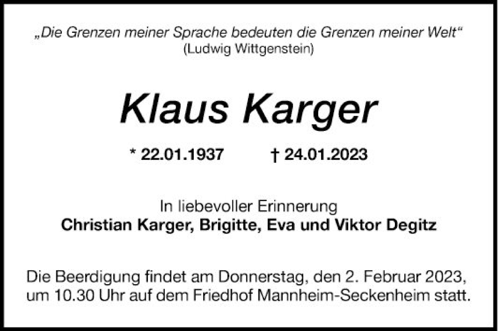  Traueranzeige für Klaus Karger vom 28.01.2023 aus Mannheimer Morgen
