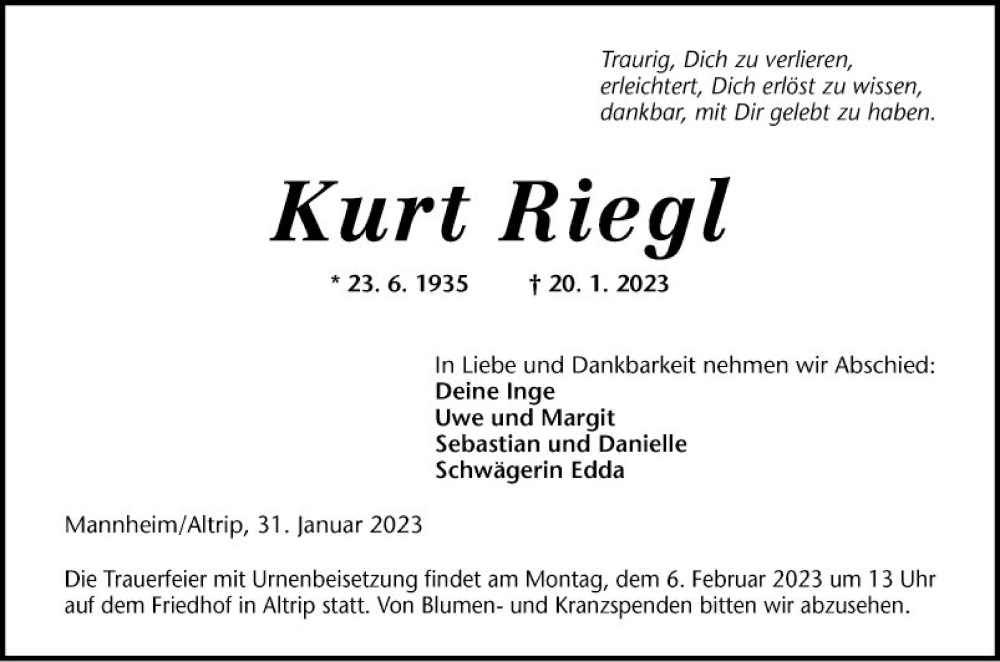  Traueranzeige für Kurt Riegl vom 31.01.2023 aus Mannheimer Morgen