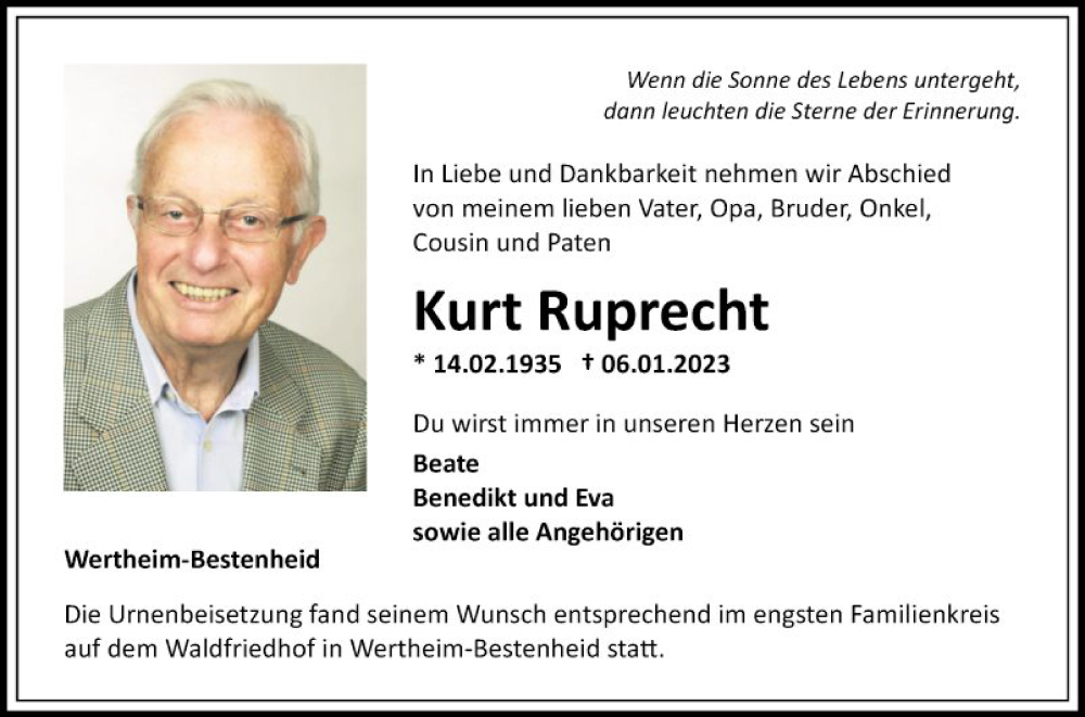  Traueranzeige für Kurt Ruprecht vom 21.01.2023 aus Fränkische Nachrichten