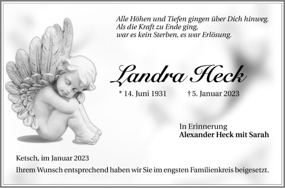  Traueranzeige für Landra Heck vom 21.01.2023 aus Schwetzinger Zeitung