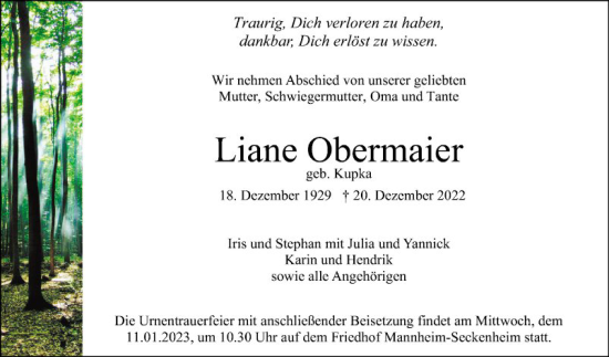 Traueranzeige von Liane Obermaier von Mannheimer Morgen