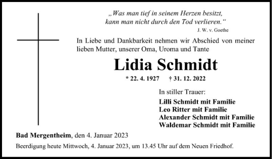 Traueranzeige von Lidia Schmidt von Fränkische Nachrichten