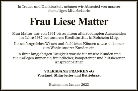 Traueranzeige von Liese Matter von Fränkische Nachrichten