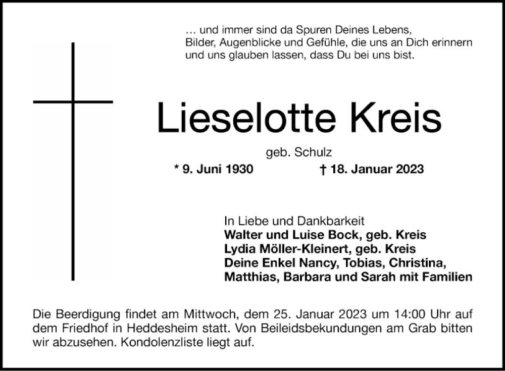  Traueranzeige für Lieselotte Kreis vom 21.01.2023 aus Mannheimer Morgen