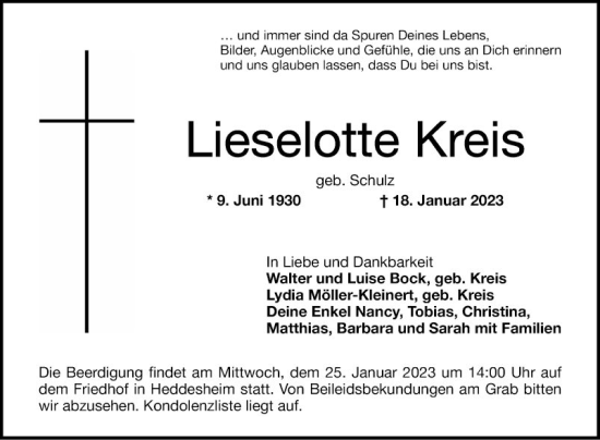 Traueranzeige von Lieselotte Kreis von Mannheimer Morgen