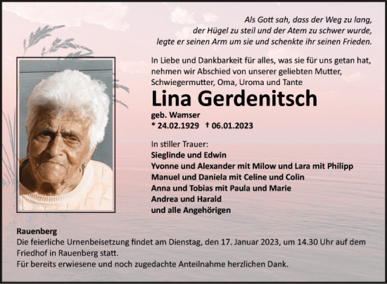 Traueranzeige von Lina Gerdenitsch von Fränkische Nachrichten