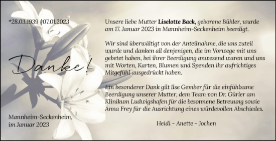 Traueranzeige von Liselotte Back von Mannheimer Morgen