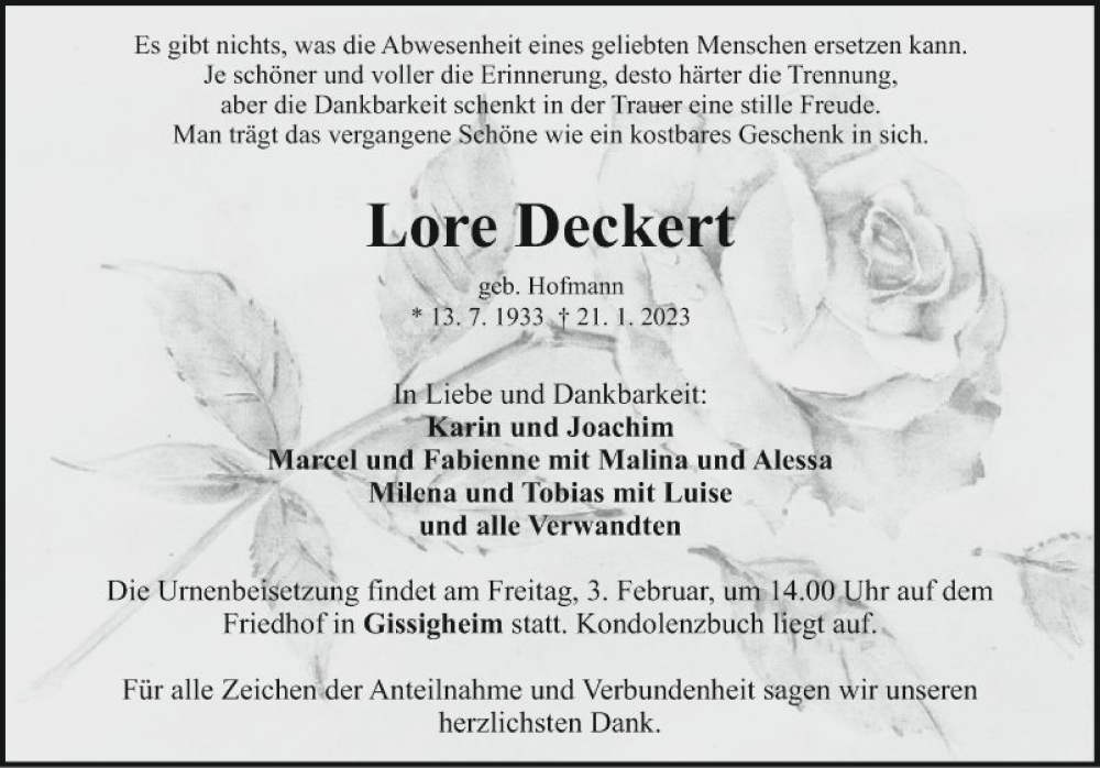  Traueranzeige für Lore Deckert vom 28.01.2023 aus Fränkische Nachrichten
