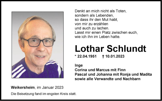 Traueranzeige von Lothar Schlundt von Fränkische Nachrichten