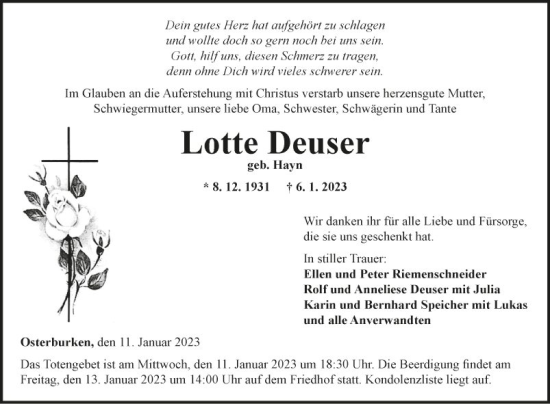 Traueranzeige von Lotte Deuser von Fränkische Nachrichten