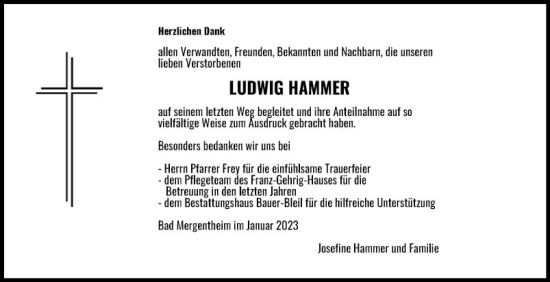 Traueranzeige von Ludwig Hammer von Fränkische Nachrichten