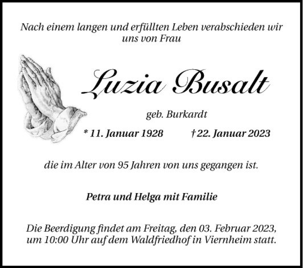  Traueranzeige für Luzia Busalt vom 28.01.2023 aus Mannheimer Morgen