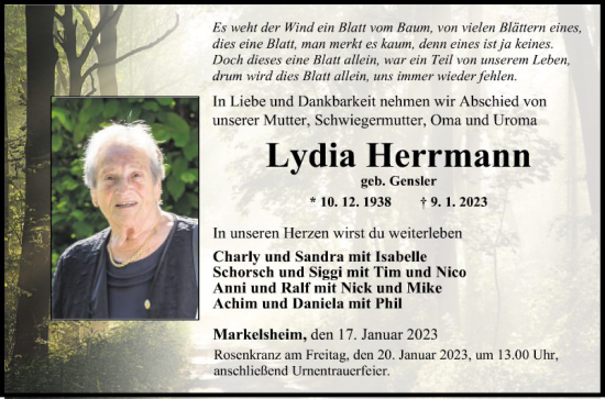 Traueranzeige von Lydia Herrmann von Fränkische Nachrichten