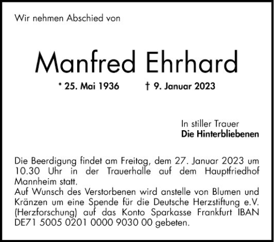 Traueranzeige von Manfred Ehrhard von Mannheimer Morgen