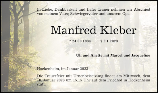 Traueranzeige von Manfred Kleber von Schwetzinger Zeitung