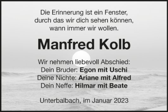 Traueranzeige von Manfred Kolb von Fränkische Nachrichten