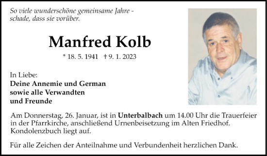 Traueranzeige von Manfred Kolb von Fränkische Nachrichten