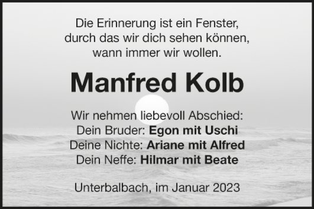  Traueranzeige für Manfred Kolb vom 21.01.2023 aus Fränkische Nachrichten