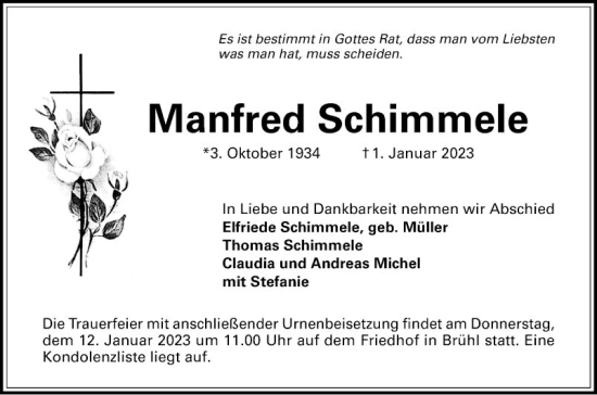 Traueranzeige von Manfred Schimmele von Schwetzinger Zeitung