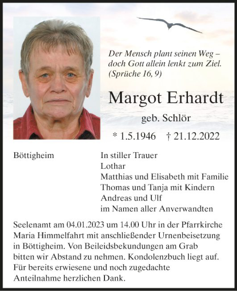  Traueranzeige für Margot Erhardt vom 03.01.2023 aus Fränkische Nachrichten