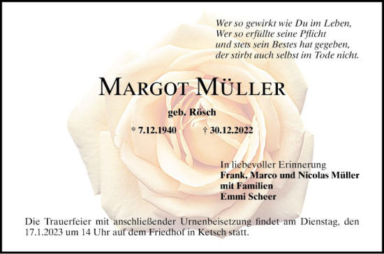 Traueranzeige von Margot Müller von Schwetzinger Zeitung