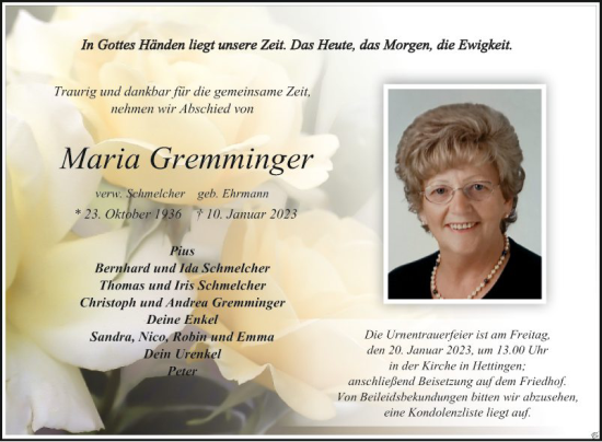 Traueranzeige von Maria Gremminger von Fränkische Nachrichten