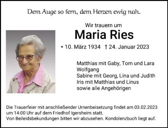 Traueranzeige von Maria Ries von Fränkische Nachrichten