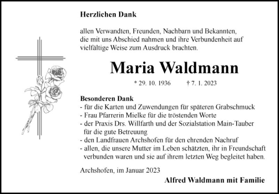 Traueranzeige von Maria Waldmann von Fränkische Nachrichten