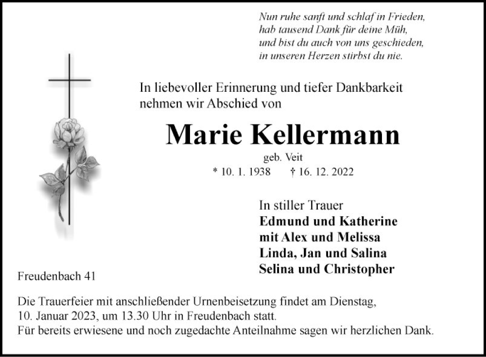  Traueranzeige für Marie Kellermann vom 05.01.2023 aus Fränkische Nachrichten
