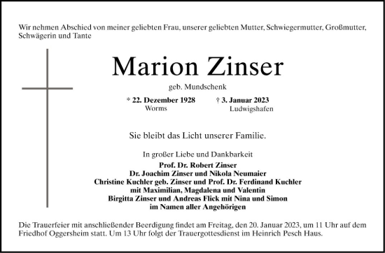 Traueranzeige von Marion Zinser von Mannheimer Morgen