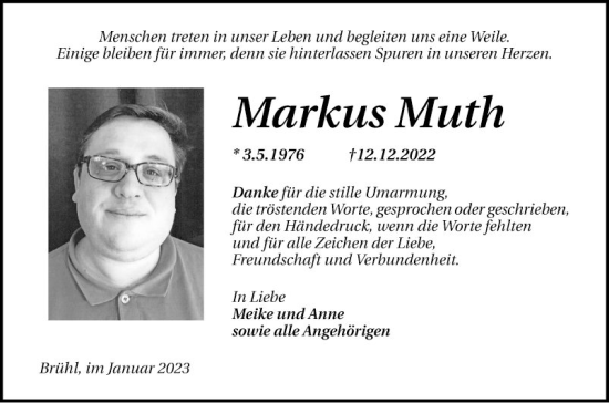 Traueranzeige von Markus Muth von Schwetzinger Zeitung
